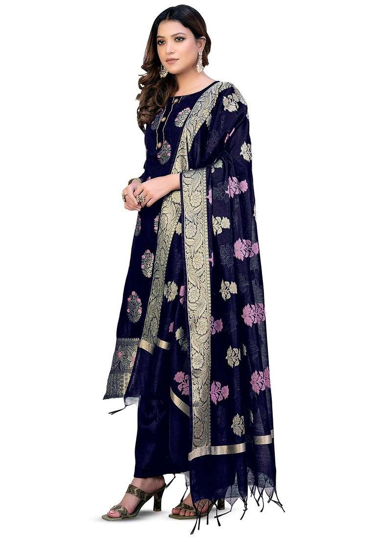 Blue Jacquard Blended Pakistani Suit Set - Indya