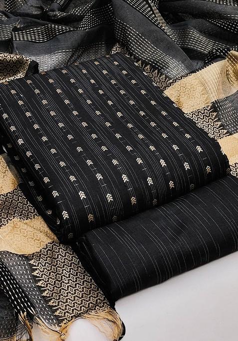 Black Striped Blended Straight Kurta Set