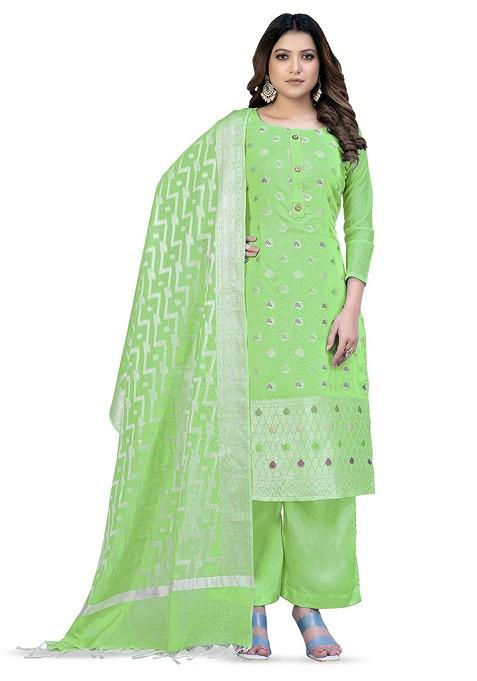 Green Woven Banarasi Jacquard Kurta Set