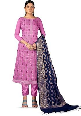 Pink Woven Banarasi Jacquard Kurta Set