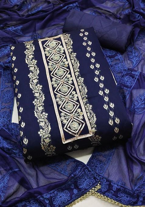 Blue Embroidered Poly Blend Kurta Set