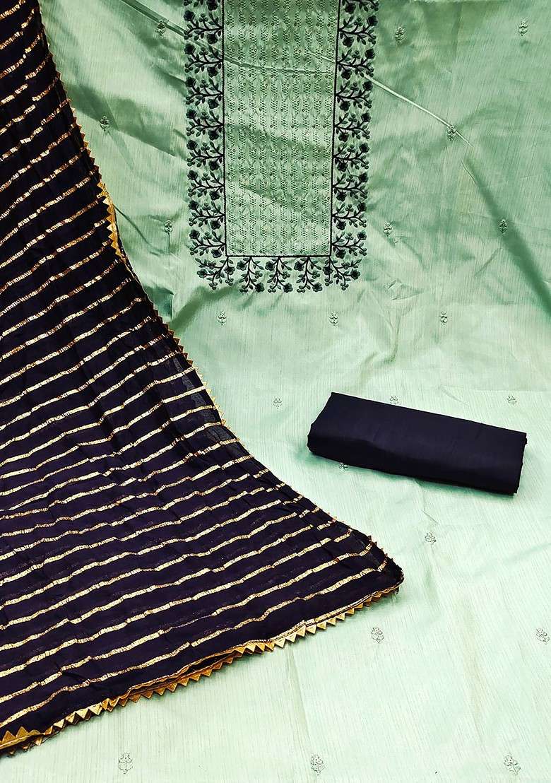 Sea Green Floral Print Silk Punjabi Suit - Indya