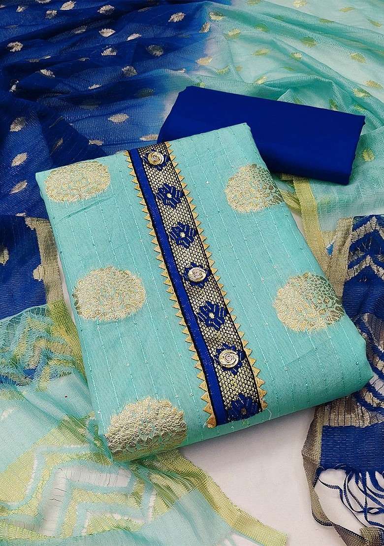 Sea Green Zari Work Poly Straight Kurta Set - Indya