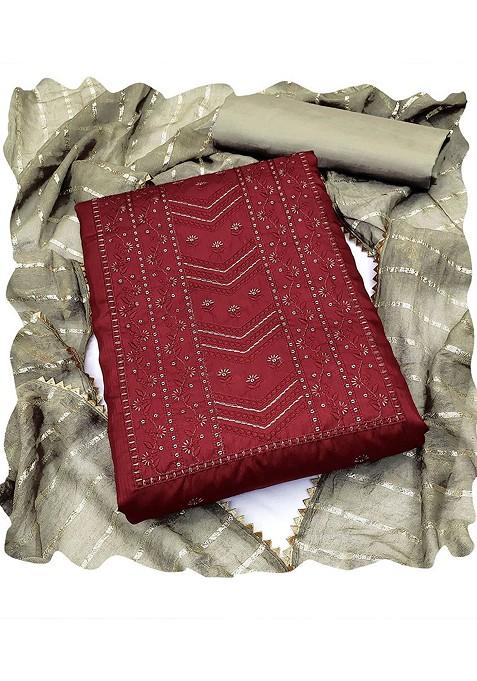 Maroon Embroidered Poly Blend Kurta Set