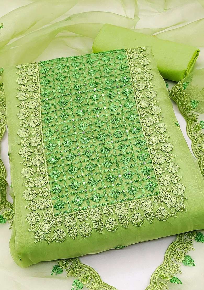 Green Embroidered Organza Straight Kurta Set - Indya