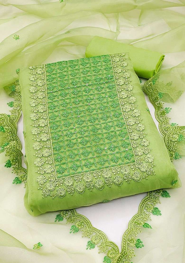Green Embroidered Organza Straight Kurta Set - Indya