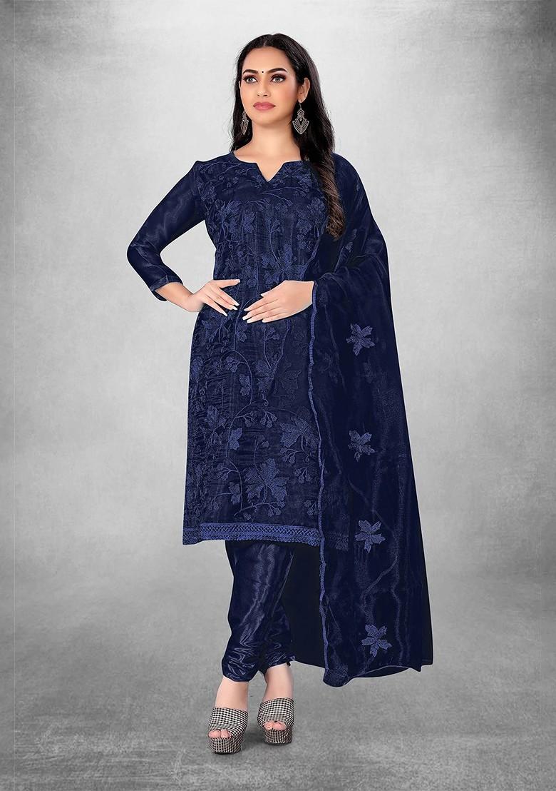 Blue Embroidered Poly Blend Kurta Set - Indya