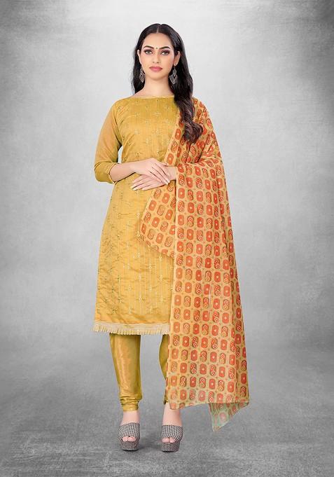 Beige Jacquard Blended Straight Kurta Set