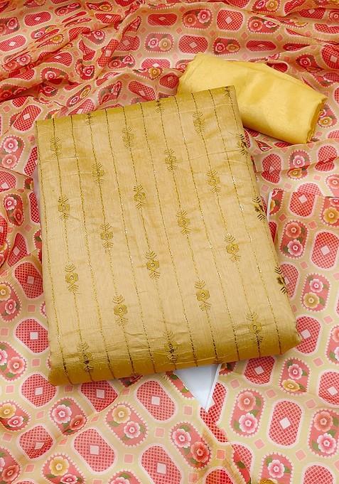 Beige Embroidered Blended Punjabi Suit