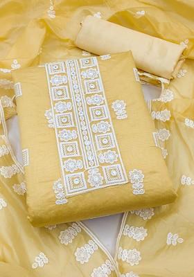 Yellow Embroidered Poly Blend Kurta Set