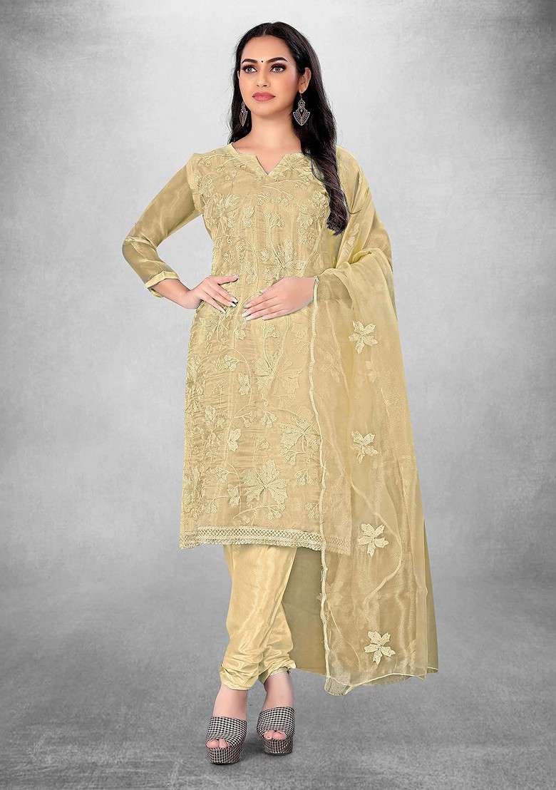 Beige Chikankari Blended Pakistani Suit Set - Indya