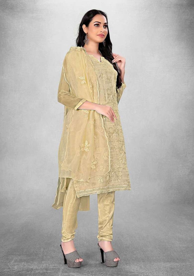 Beige Chikankari Blended Pakistani Suit Set - Indya
