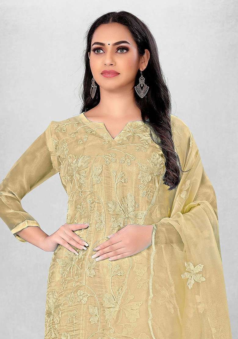 Beige Chikankari Blended Pakistani Suit Set - Indya