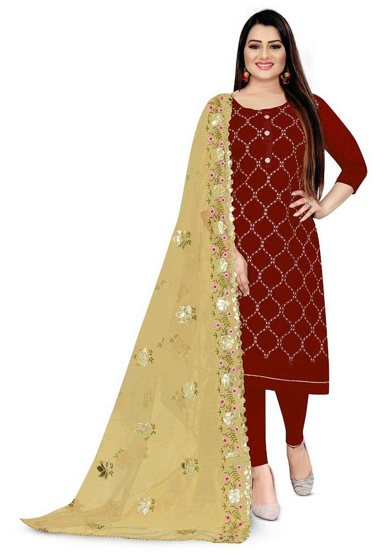 Maroon Embroidered Blended Pakistani Suit Set - Indya