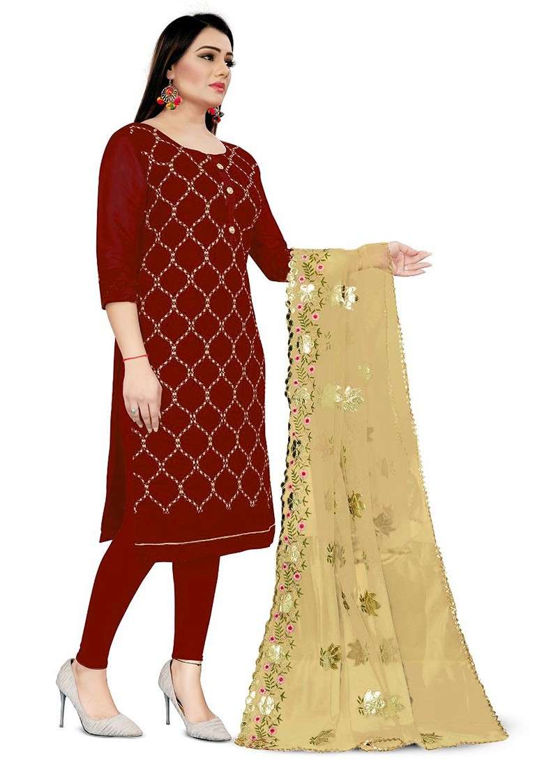 Maroon Embroidered Blended Pakistani Suit Set - Indya