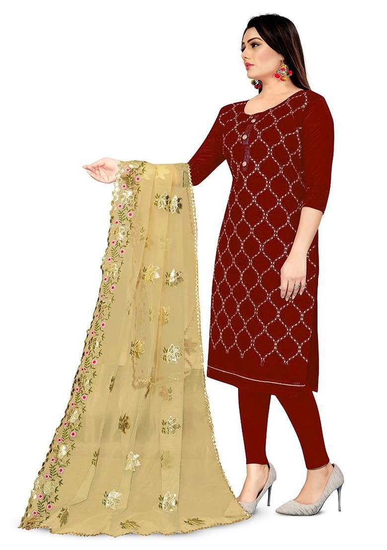 Maroon Embroidered Blended Pakistani Suit Set - Indya