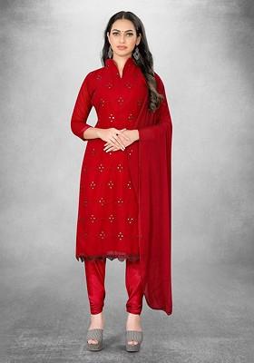 Red Embroidered Poly Blend Kurta Set