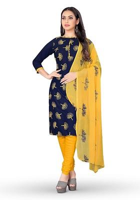 Blue Floral Print Poly Blend Kurta Set