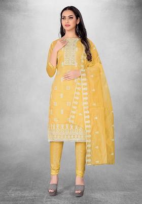 Yellow Embroidered Poly Blend Kurta Set