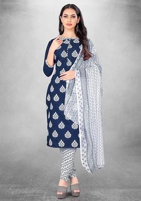 Navy Blue Floral Print Poly Blend Kurta Set
