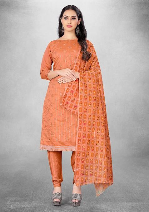 Peach Embroidered Poly Blend Kurta Set