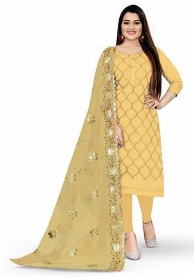 Yellow Embroidered Poly Blend Kurta Set