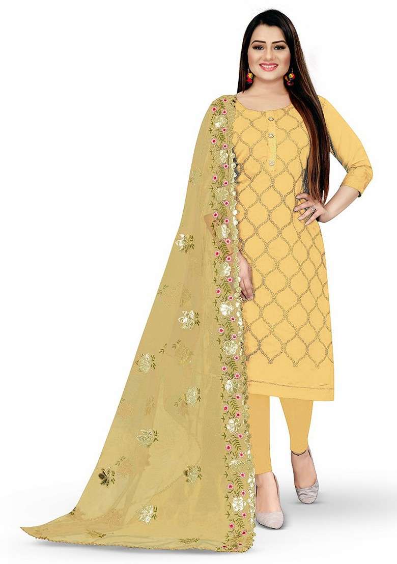Yellow Embroidered Blended Straight Kurta Set - Indya