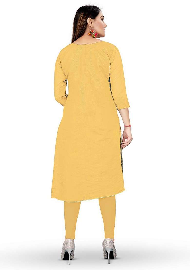 Yellow Embroidered Blended Straight Kurta Set - Indya
