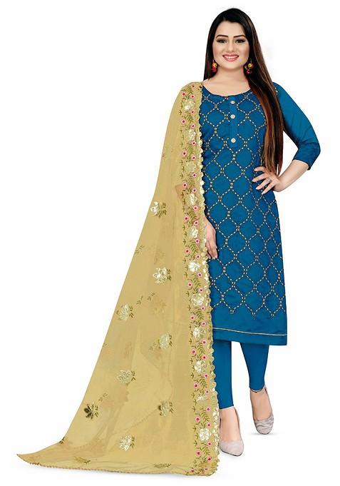 Blue Embroidered Blended Pakistani Suit Set