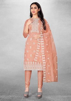 Peach Embroidered Poly Blend Kurta Set