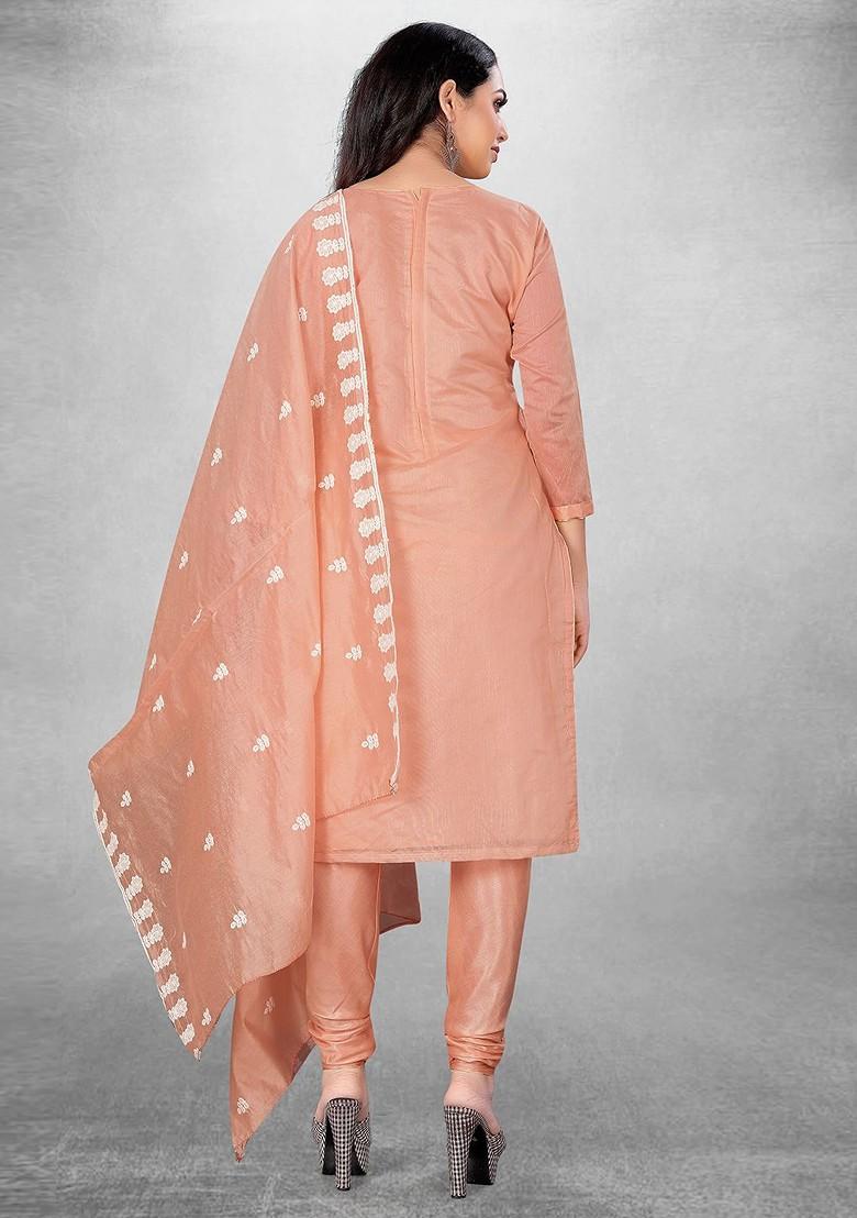 Peach Embroidered Poly Blend Kurta Set - Indya