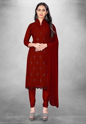 Maroon Embroidered Poly Blend Kurta Set