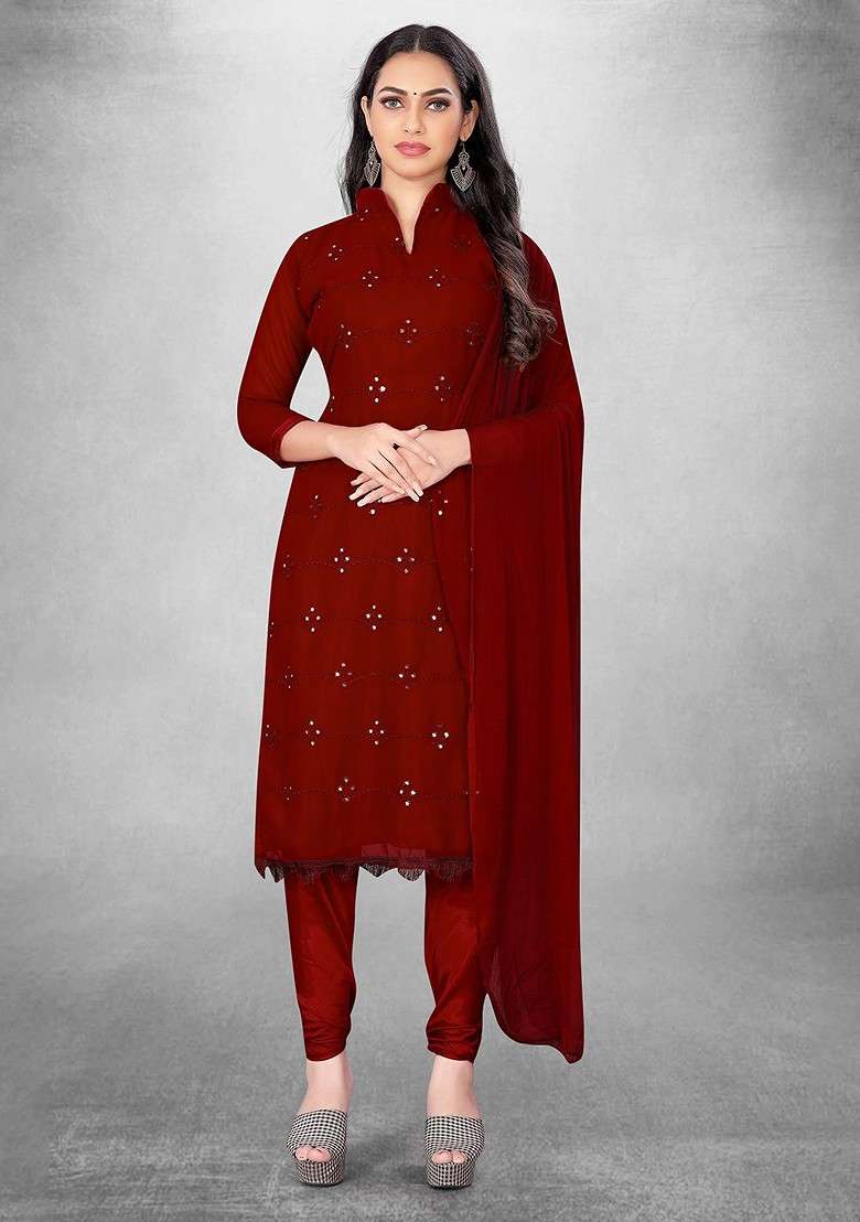 Maroon Mirror Work Blended Pakistani Suit Set - Indya