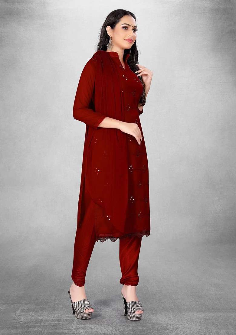 Maroon Mirror Work Blended Pakistani Suit Set - Indya