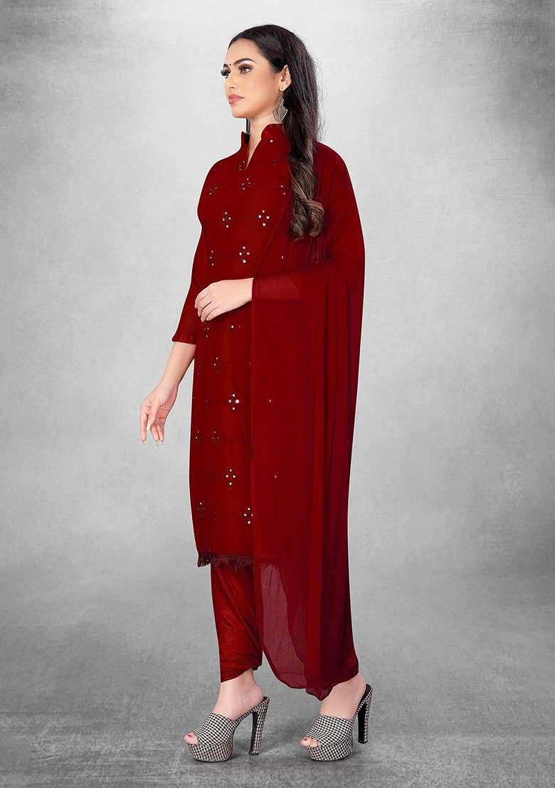 Maroon Mirror Work Blended Pakistani Suit Set - Indya