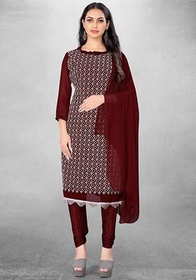 Maroon Embroidered Poly Blend Kurta Set