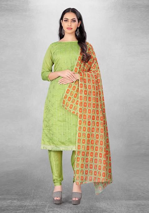Green Jacquard Blended Straight Kurta Set