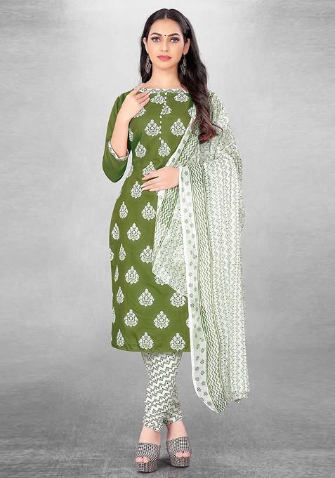 Green Printed Blended Straight Kurta Set