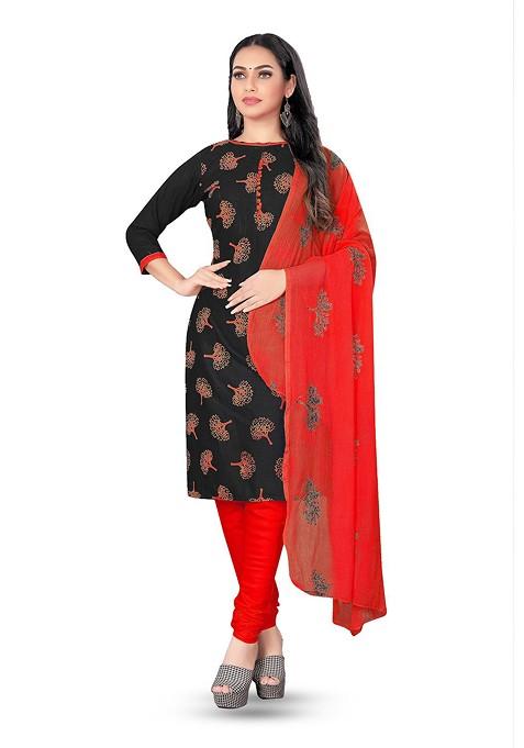 Black Floral Print Poly Blend Kurta Set