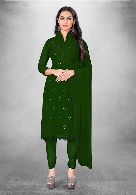 Green Embroidered Poly Blend Kurta Set