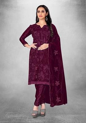 Magenta Embroidered Poly Blend Kurta Set