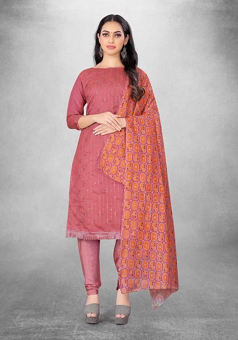 Pink Embroidered Blended Straight Kurta Set