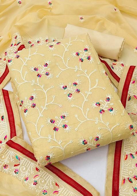 Yellow Embroidered Poly Blend Kurta Set