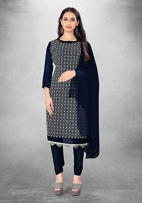 Navy Blue Embroidered Poly Blend Kurta Set