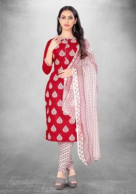 Red Floral Print Poly Blend Kurta Set