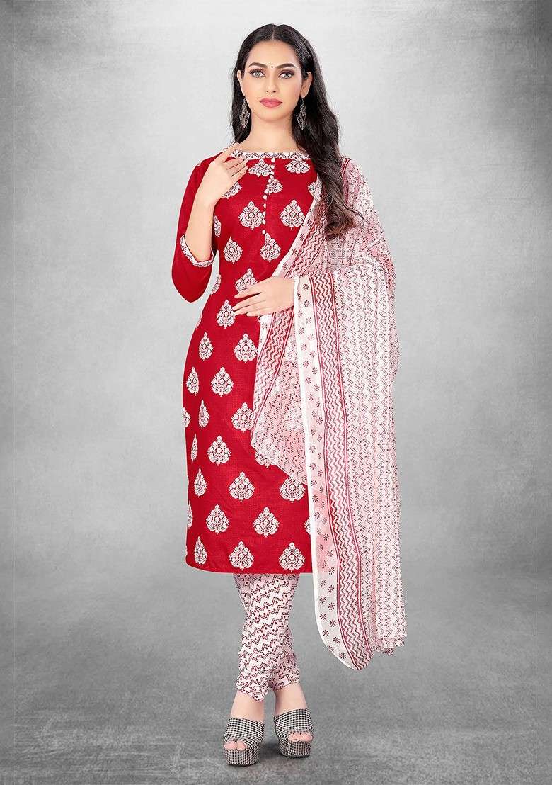 Red Floral Print Poly Blend Kurta Set - Indya