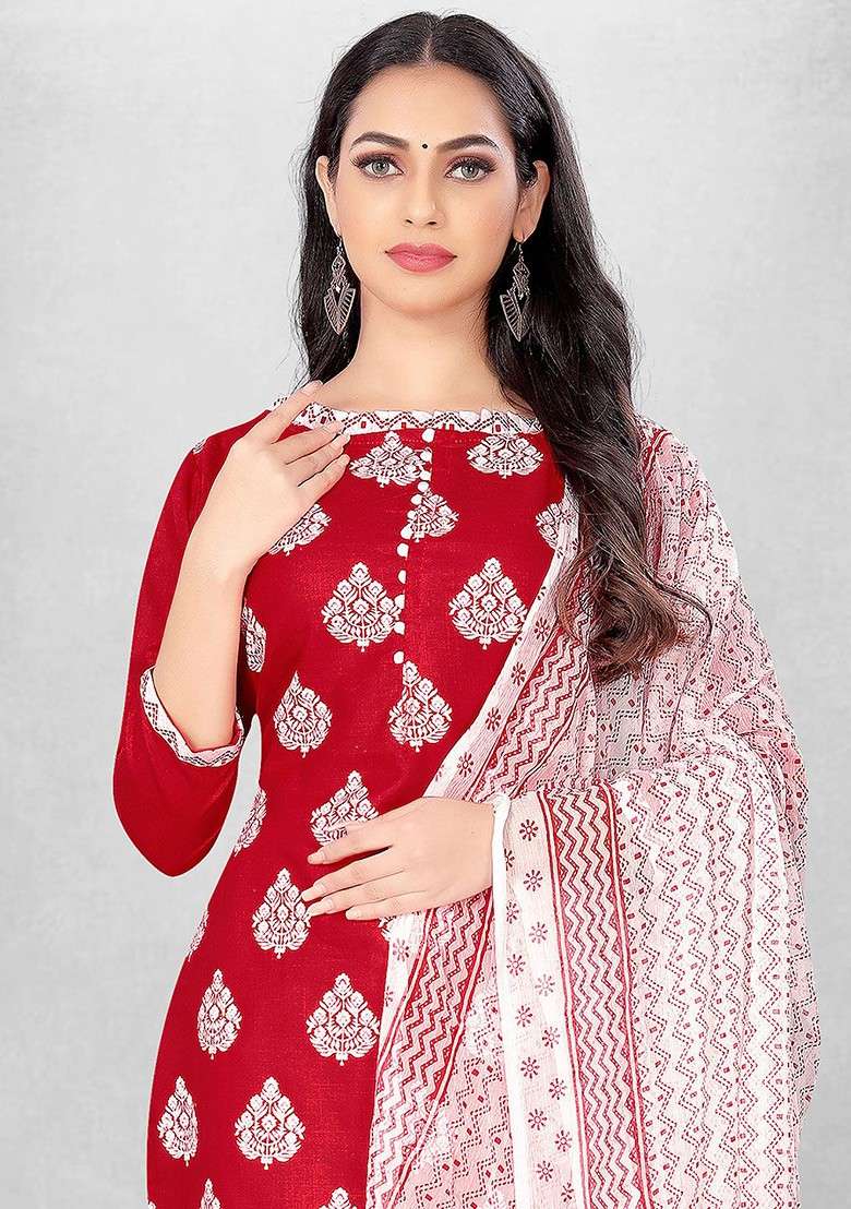 Red Floral Print Poly Blend Kurta Set - Indya