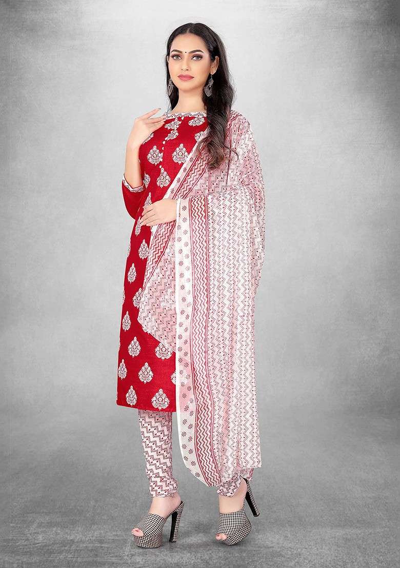 Red Floral Print Poly Blend Kurta Set - Indya