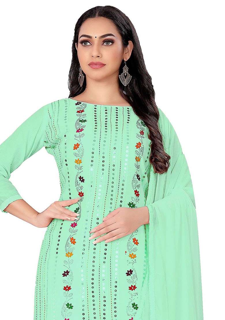 Sea Green Floral Print Poly Blend Kurta Set - Indya