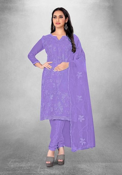 Purple Chikankari Blended Straight Kurta Set